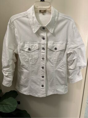 White Denim Democracy Women's Button Jacket Cinched 3/4 Sleeve Fitted Waist